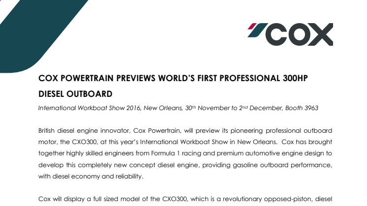 Cox Powertrain: World's First Professional 300hp Diesel Outboard to be Previewed at International Workboat Show