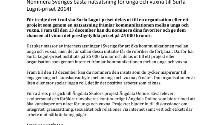 Nominera Sveriges bästa nätsatsning för unga och vuxna till Surfa Lugnt-priset 2014!