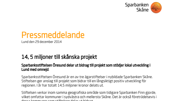 Sparbanksstiftelsen Öresund ger 14, 5 miljoner till skånska projekt