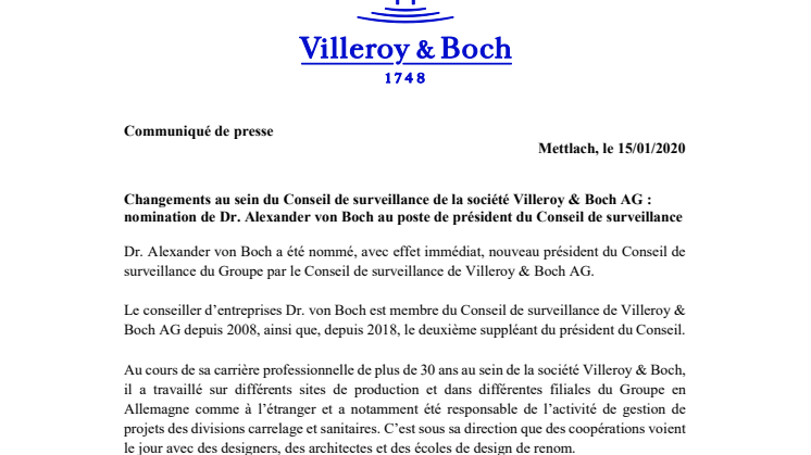 Changements au sein du Conseil de surveillance de la société Villeroy & Boch AG : nomination de Dr. Alexander von Boch au poste de président du Conseil de surveillance