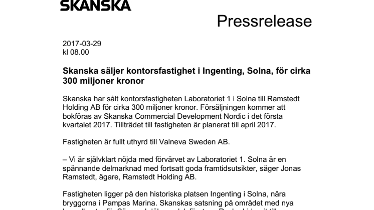 Skanska säljer kontorsfastighet i Ingenting, Solna, för cirka 300 miljoner kronor