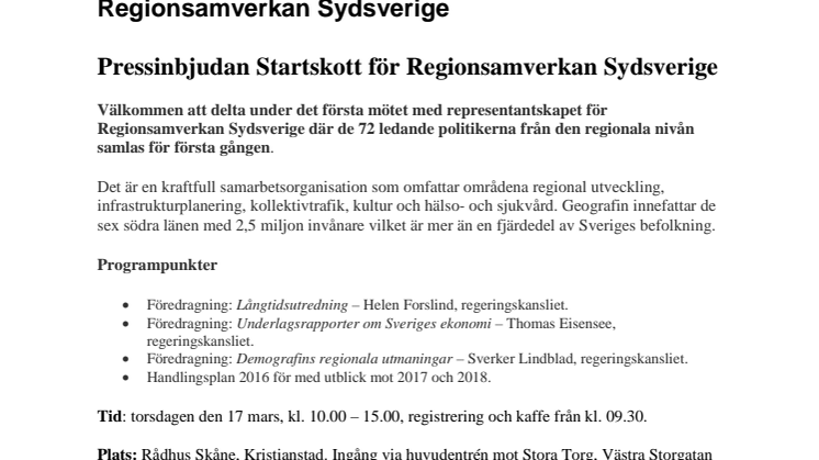 Pressinbjudan: Startskott för Regionsamverkan Sydsverige 