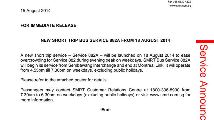 New Short Trip Bus Service 882A from 18 August 2014