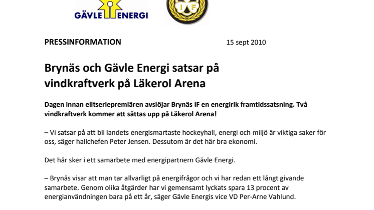 Brynäs och Gävle Energi satsar på vindkraftverk på Läkerol Arena