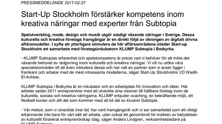 ​Start-Up Stockholm förstärker kompetens inom kreativa näringar med experter från Subtopia