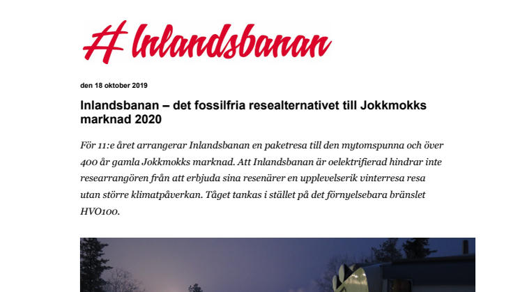 Inlandsbanan - det fossilfria resealternativet till Jokkmokks marknad 2020