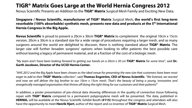 TIGR® Matrix Goes Large at the World Hernia Congress 2012  