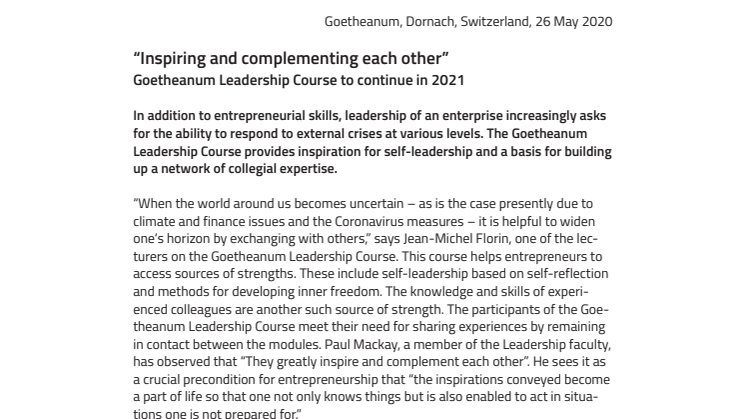“Inspiring and complementing each other”: Goetheanum Leadership Course to continue in 2021