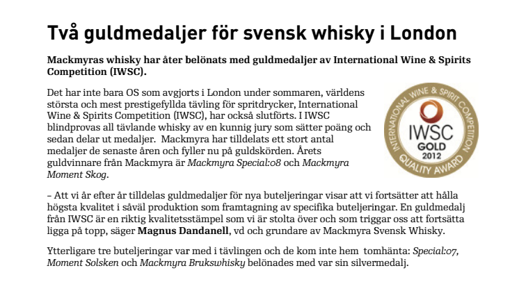 Två guldmedaljer för svensk whisky i London