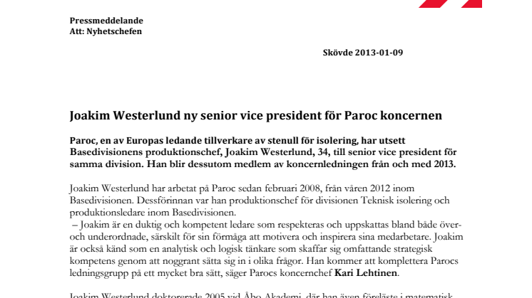 Joakim Westerlund ny senior vice president för Paroc koncernen