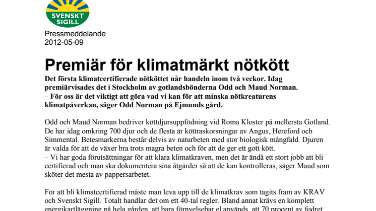 Premiär för klimatmärkt nötkött