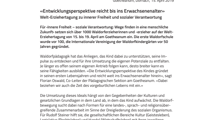 «Entwicklungsperspektive reicht bis ins Erwachsenenalter». ​Welt-Erziehertagung zu innerer Freiheit und sozialer Verantwortung