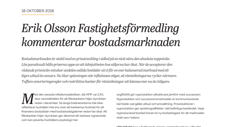 Erik Olsson Fastighetsförmedling kommenterar bostadsmarknaden 18 oktober