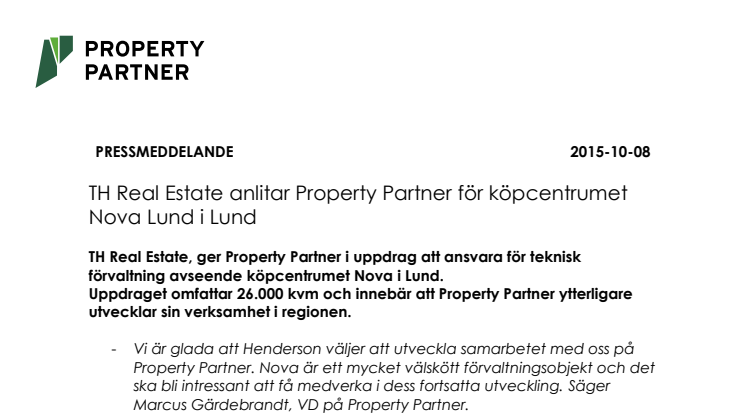TH Real Estate anlitar Property Partner för köpcentrumet Nova Lund i Lund