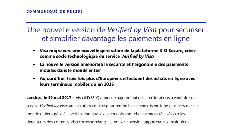 Une nouvelle version de Verified by Visa pour sécuriser et simplifier davantage les paiements en ligne 