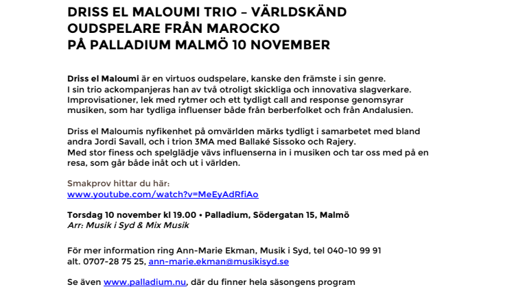 Driss el Maloumi trio – världskänd oudspelare från Marocko – på Palladium Malmö 10 november