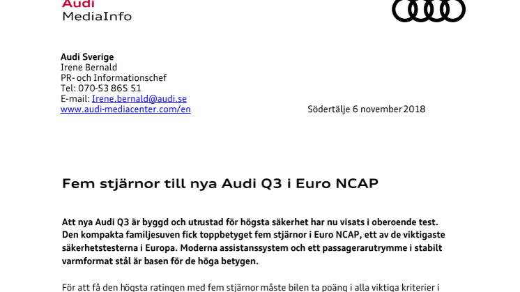 Fem stjärnor till nya Audi Q3 i Euro NCAP