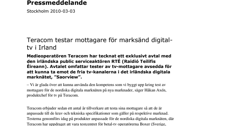 Teracom testar mottagare för marksänd digital-tv i Irland