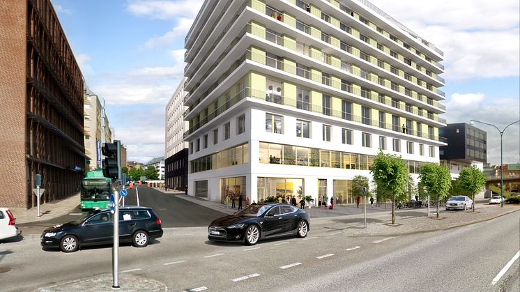Midroc har utvecklat en ny byggnad med kontor, butiker och bostäder i centrala Helsingborg. 