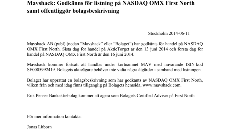Mavshack: Godkänns för listning på NASDAQ OMX First North samt offentliggör bolagsbeskrivning