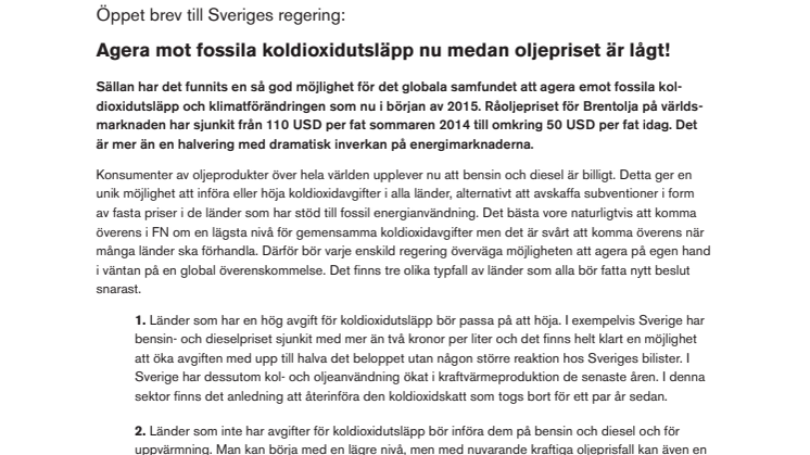 Öppet brev till Sveriges regering: Agera mot fossila koldioxidutsläpp nu medan oljepriset är lågt!