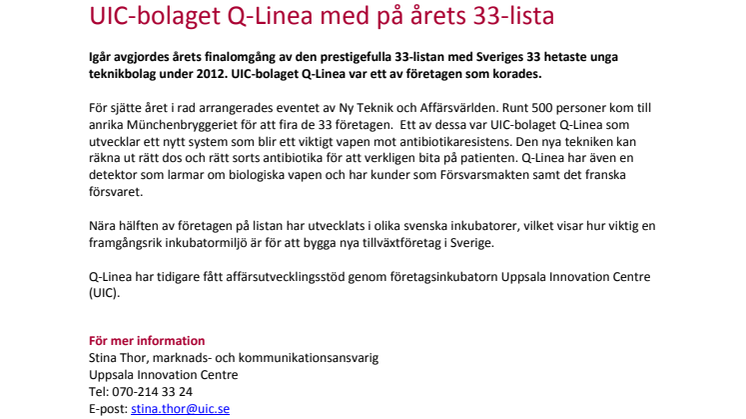 UIC-bolaget Q-Linea med på årets 33-lista