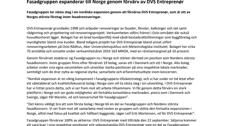 Fasadgruppen expanderar till Norge genom förvärv av DVS Entreprenør