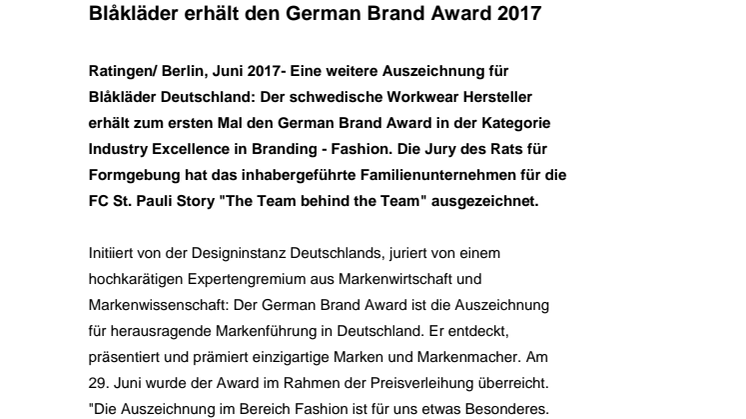 Blåkläder erhält den German Brand Award 2017