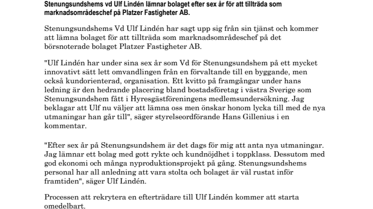 Ulf Lindén slutar som vd för Stenungsundshem AB