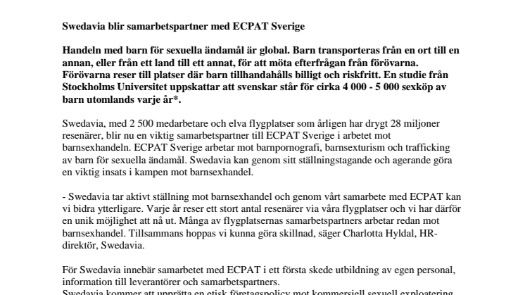 Swedavia blir samarbetspartner med ECPAT Sverige