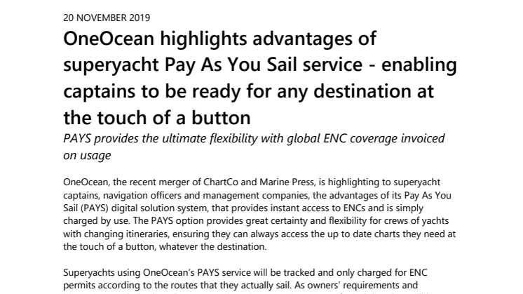 OneOcean highlights advantages of superyacht Pay As You Sail service - enabling captains to be ready for any destination at the touch of a button