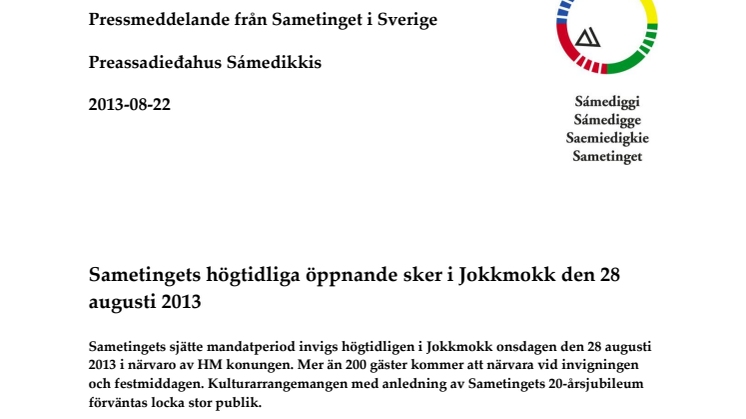 Sametingets högtidliga öppnande sker i Jokkmokk den 28 augusti 2013 