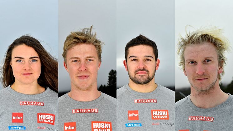 Alexandra Edebo, David Mobärg, Elliot Baralo och Viktor Andersson drar kommande vecka i gång tävlingssäsongen i skicross. Foto: Nisse Schmidt