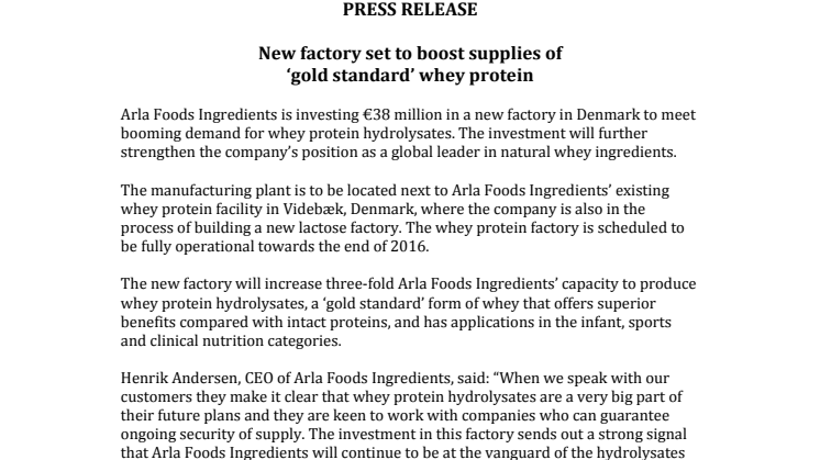 New factory set to boost supplies of ‘gold standard’ whey protein 