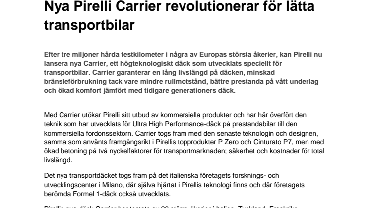 Nya Pirelli Carrier revolutionerar för lätta transportbilar