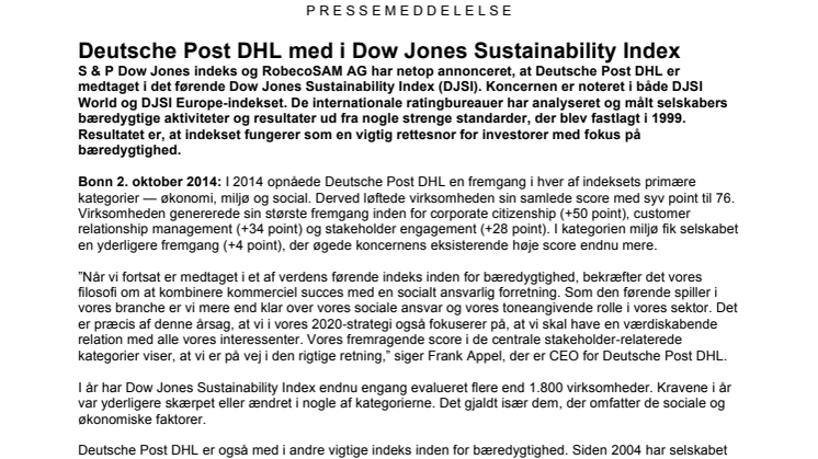Deutsche Post DHL med i Dow Jones Sustainability Index