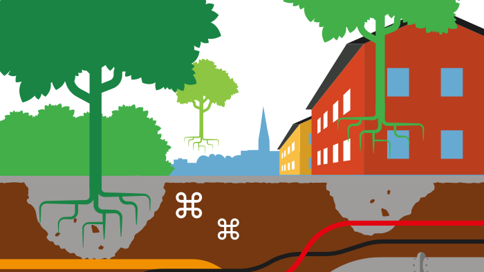 I stadsmiljö krävs stora förarbeten med bl a ledningsomläggningar innan spåret kan börja byggas. Illustration: YellowKid på uppdrag av Lunds kommun.