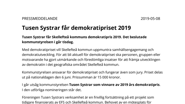 Tusen systrar får demokratipriset 2019