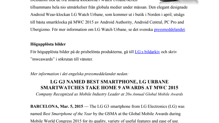 LG G3 UTNÄMND TILL BÄSTA SMARTPHONE PÅ MWC 2015 OCH LG WATCH URBANE MÅNGFALDIGT PRISBELÖNT