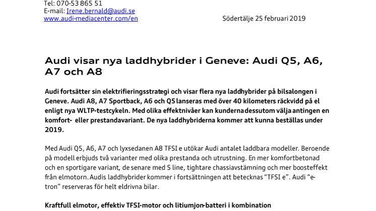 Audi visar nya laddhybrider i Geneve: Audi Q5, A6, A7 och A8