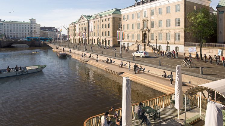 Visionsbild som visar idéer om trädäck längs Stora Hamnkanalen och breda gång- och cykelbanor med enkelriktad biltrafik i mitten på Norra Hamngatan. Visionsbild Göteborgs Stad/White