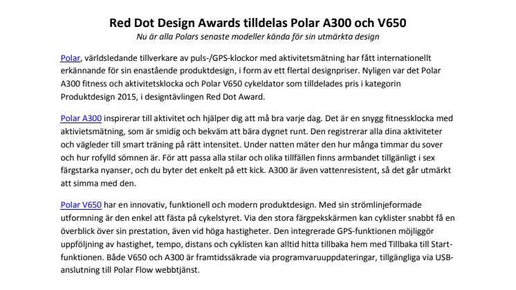 Red Dot Design Awards tilldelas Polar A300 och V650