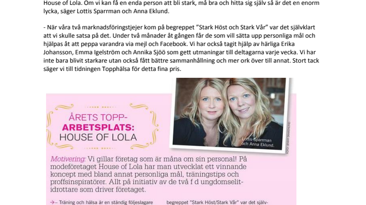 Tidningen Topphälsa utser House of Lola till Årets Topparbetsplats 