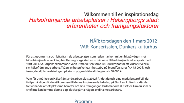 inbjudan till inspirationsdag Hälsofrämjande arbetsplatser i Helsingborgs stad: erfarenheter och framgångsfaktorer