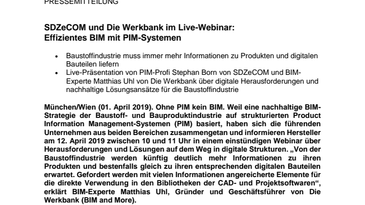 SDZeCOM und Die Werkbank im Live-Webinar: Effizientes BIM mit PIM-Systemen
