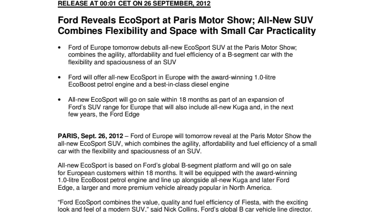 Ford Reveals EcoSport at Paris Motor Show; All-New SUV Combines Flexibility and Space with Small Car Practicality