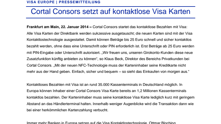 Cortal Consors setzt auf kontaktlose Visa Karten