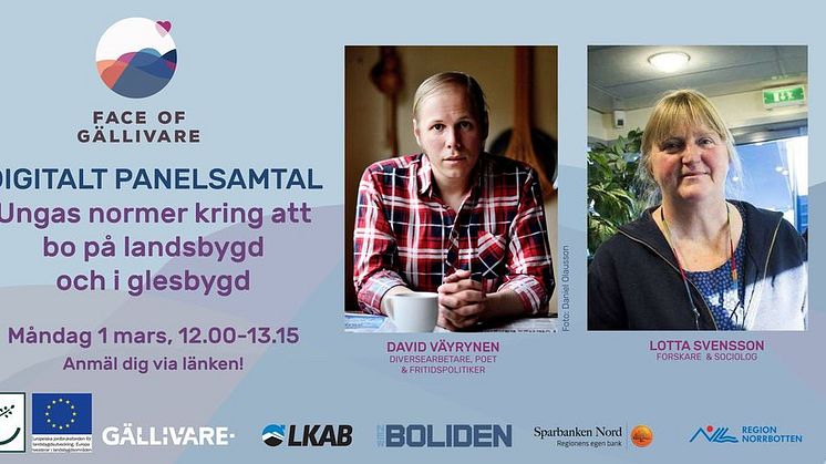 David Väyrynen och Lotta Svensson i ett digitalt panelsamtal om Ungas normer kring att bo på landsbygd och i glesbygd. Arrangör Face of Gällivare.