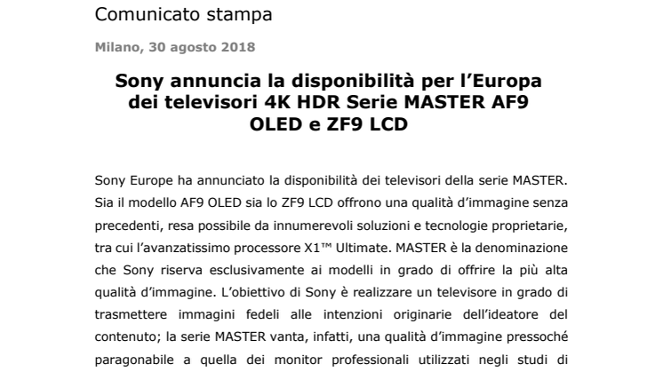 Sony annuncia la disponibilità per l’Europa dei televisori 4K HDR Serie MASTER AF9 OLED e ZF9 LCD