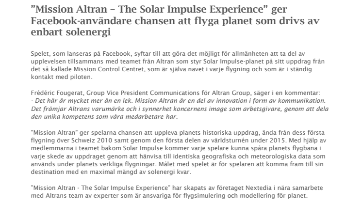 ”Mission Altran – The Solar Impulse Experience” ger Facebook-användare chansen att flyga planet som drivs av enbart solenergi 